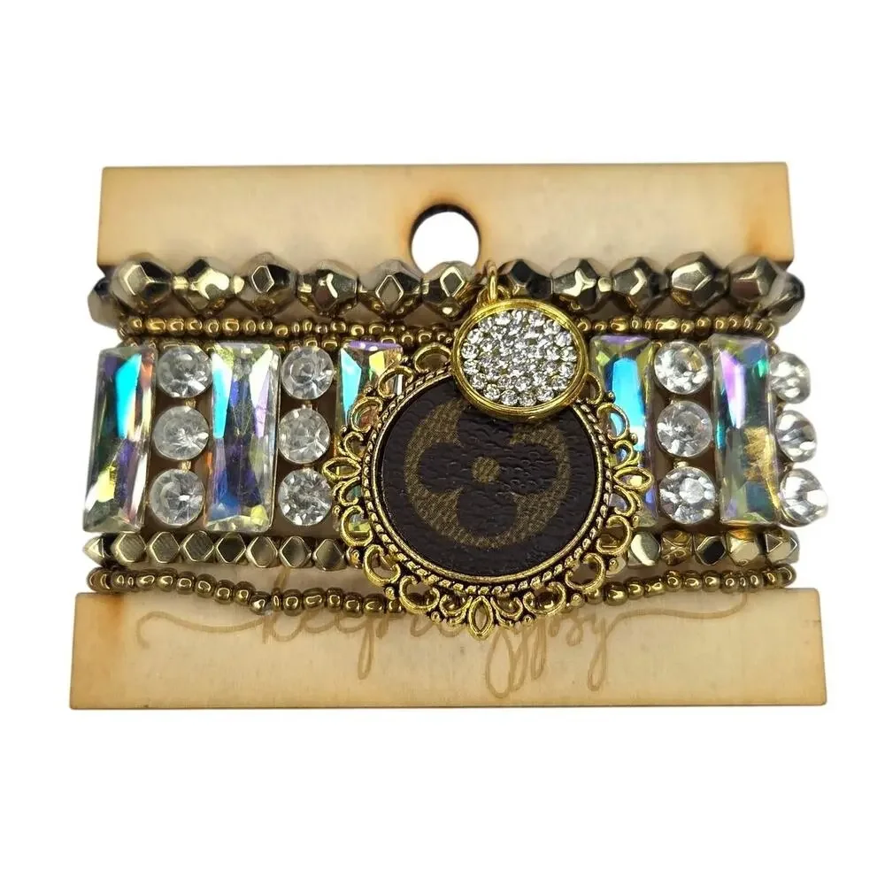 Keep It Gypsy Authentic Chunky Crystal Upcycled LV Charm Bracelet Stack Set NEW